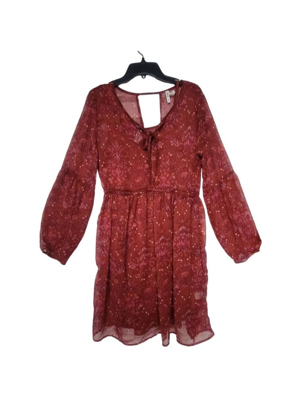 Mudd Womens Burgundy Floral Chiffon Mini Dress Sz M Fit & Flare Long Sleeve Boho